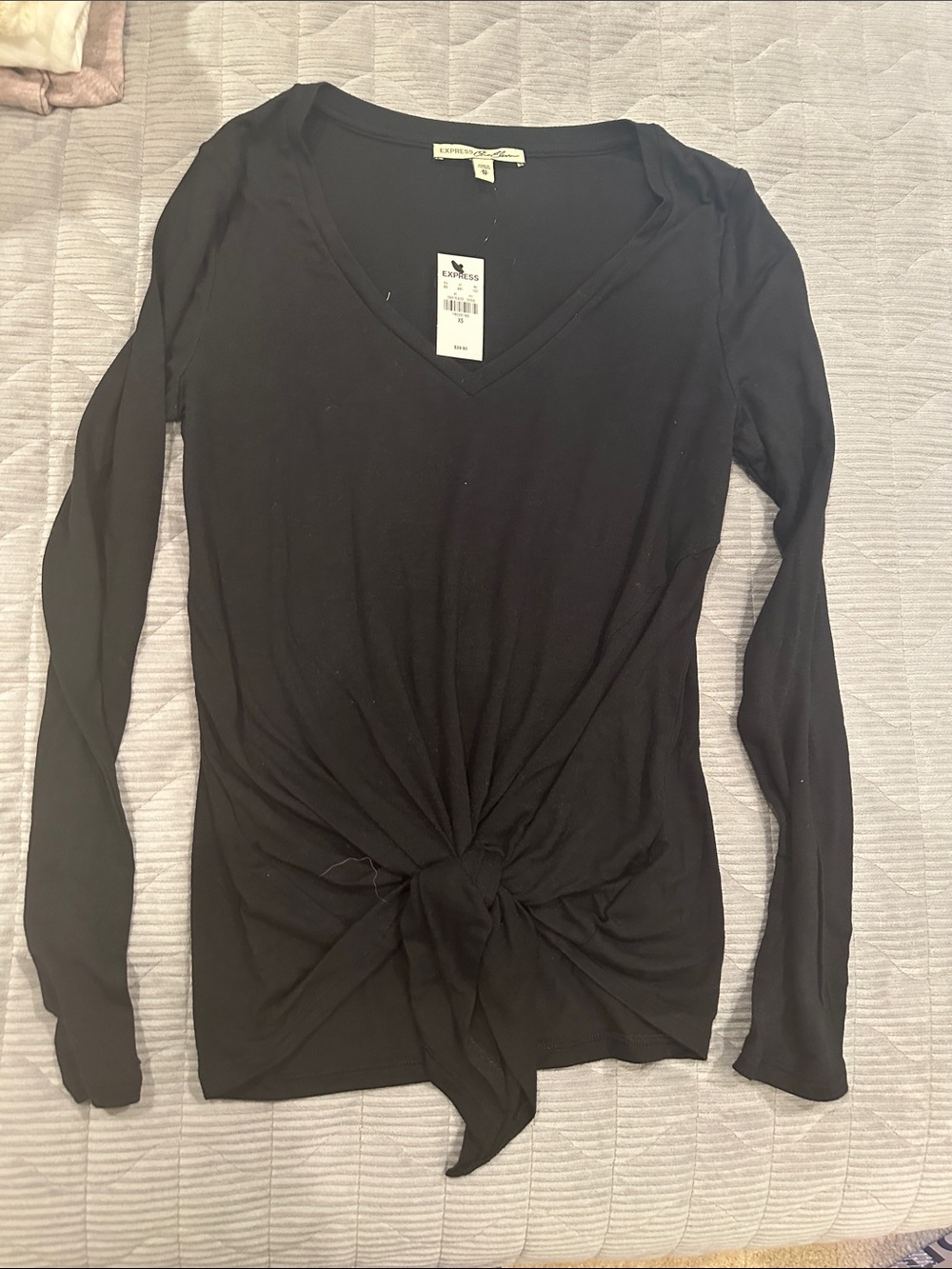 Express Black Long Sleeve V-Neck Front Tie Top